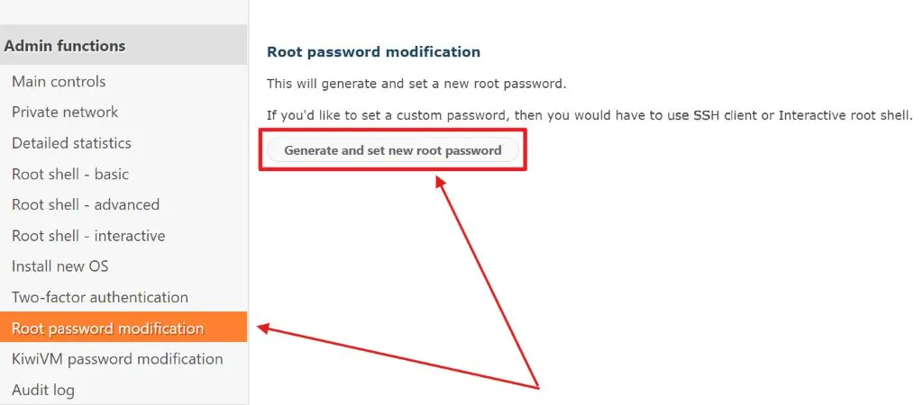 Root password modification菜单和Generate and set new root password按钮