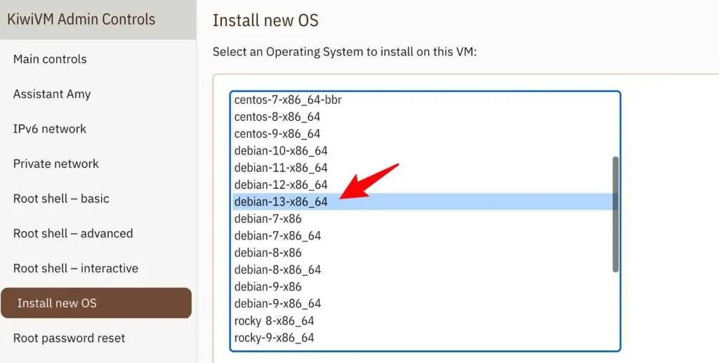 KiwiVM安装Debian 13