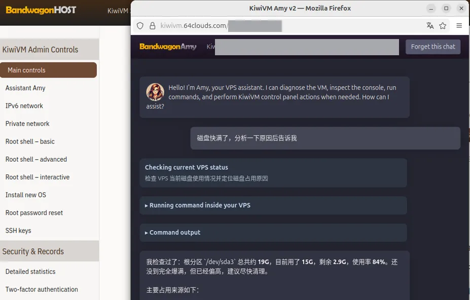 让 Assistant Amy 检测磁盘占用的对话记录