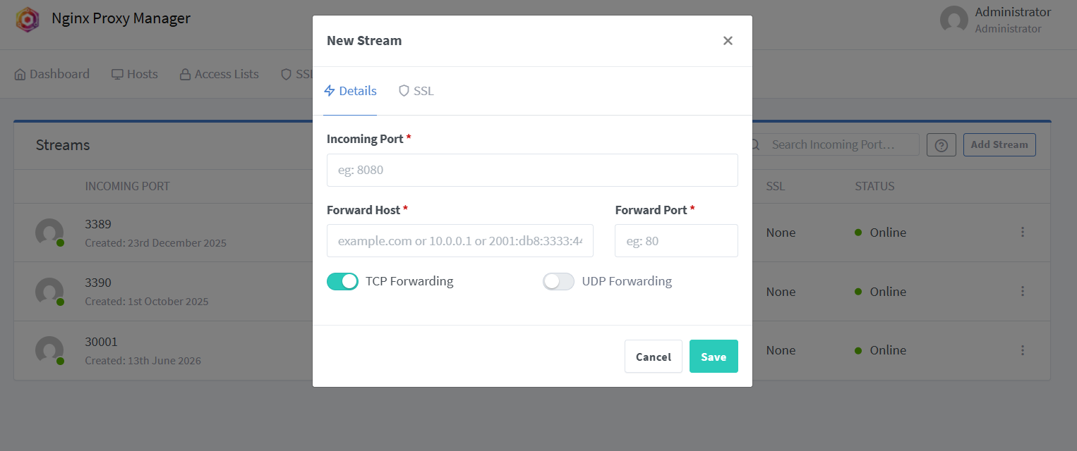 Nginx Proxy Manager 添加 Stream 端口转发配置