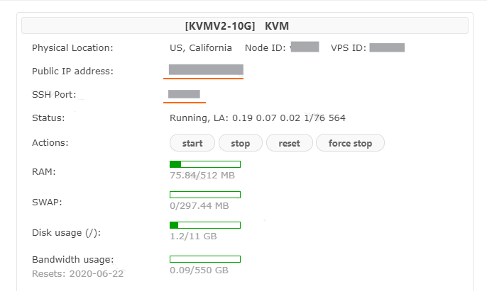 KiwiVM面板首页，VPS IP和SSH端口